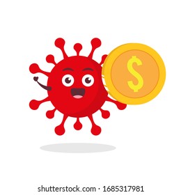 red virus corona kawaii vector character illustration icon mascot cartoon cute holding dollar coin gold 3d money in white background modern flat design brand
