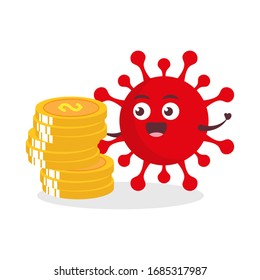 red virus corona kawaii vector character illustration icon mascot cartoon cute holding dollar coin gold 3d money in white background modern flat design brand