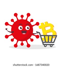 virus rojo corona kawaii ilustración de personaje de vector icono caricatura de mascota adorable sosteniendo moneda de bitcoin de oro moneda con carro de compras en el mercado de carritos de fondo blanco moderno diseño plano marca