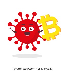 red virus corona kawaii vector character illustration icon mascot cartoon cute holding gold bitcoin money coin 3d in white background modern flat design brand