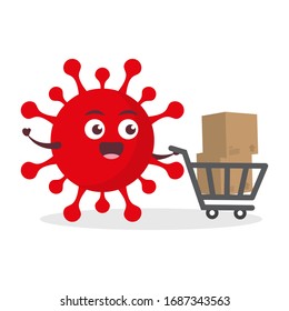 virus rojo corona kawaii ilustración del personaje icono de mascota caricatura adorable sosteniendo la entrega de cartón con carro de compras en el mercado de carritos en fondo blanco moderno diseño plano marca