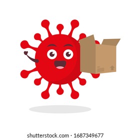 red virus corona kawaii vector character illustration icon mascot cartoon cute holding cardboard delivery in white background modern flat design brand