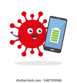 imagen de personaje vectorial de virus rojo corona kawaii caricatura de mascota adorable sosteniendo la batería indicador de carga celular vacío pantalla completa de smartphone en fondo blanco marca de diseño plano moderno