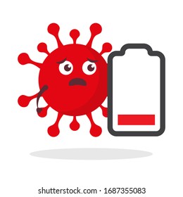 red virus corona kawaii vector character illustration icon mascot cartoon cute holding battery cell charge indicator empty full smartphone display screen in white background modern flat design brand