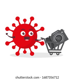 virus rojo corona kawaii ilustración de personaje de vector icono mascota caricatura linda cámara de retención para tomar una foto con carro de compras en el mercado de carritos en fondo blanco moderno diseño plano marca