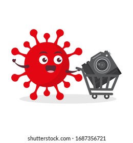 red virus corona kawaii vector character illustration icon mascot cartoon cute holding camera for take a photo with trolley market shopping cart in white background modern flat design brand