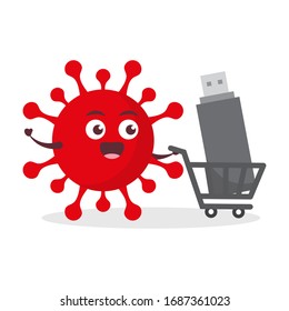 virus rojo corona kawaii ilustración del personaje icono mascota caricatura lindo abrazado con carrito de compras en el mercado de carritos con fondo blanco diseño plano moderno marca
