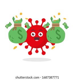 red virus corona kawaii vector character illustration icon mascot cartoon cute holding green big money dollar bag coin in white background modern flat design brand
