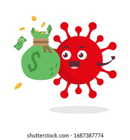 virus rojo corona kawaii ilustración de personaje vectorial icono caricatura mascota lindo sosteniendo verde gran dinero moneda de bolsa de dólares fondo blanco moderno diseño plano marca