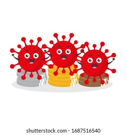 red virus corona kawaii vector character illustration icon mascot cartoon cute standing like a champion winner trophy gold, silver, bronze in white background modern flat design brand