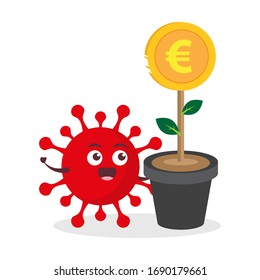 red virus corona kawaii vector character illustration icon mascot cartoon cute holding tree coin gold euro in white background modern flat design brand