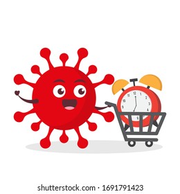 red virus corona kawaii vector character illustration icon mascot cartoon cute holding clock alarm time with trolley market shopping cart in white background modern flat design brand