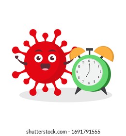 red virus corona kawaii vector character illustration icon mascot cartoon cute holding clock alarm time in white background modern flat design brand