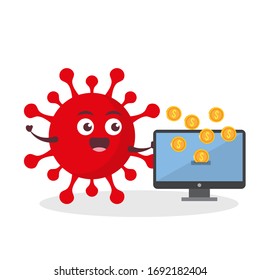 virus rojo corona kawaii ilustración de personaje de vector icono caricatura de mascota adorable sujetador monitor con dinero verde y dólar de oro en fondo blanco moderno diseño plano marca