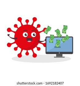red virus corona kawaii vector character illustration icon mascot cartoon cute holding monitor out of money green and dollar coin gold in white background modern flat design brand