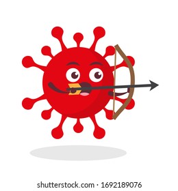 red virus corona kawaii vector character illustration icon mascot cartoon cute holding arrow bow aim shot target in center in white background modern flat design brand