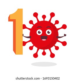 red virus corona kawaii vector character illustration icon mascot cartoon cute holding number one symbol in white background modern flat design brand