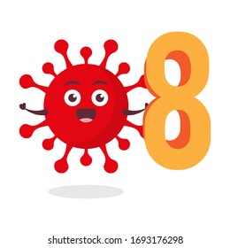 red virus corona kawaii vector character illustration icon mascot cartoon cute holding number eight symbol in white background modern flat design brand