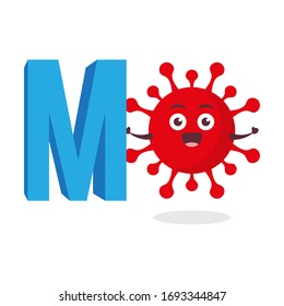red virus corona kawaii vector character illustration icon mascot cartoon cute holding alphabet letter m in white background modern flat design brand