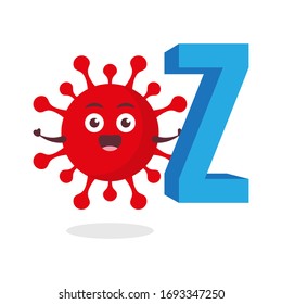 virus rojo corona kawaii ilustración de personaje vectorial icono mascota caricatura tierna letra del alfabeto z en fondo blanco diseño plano moderno marca