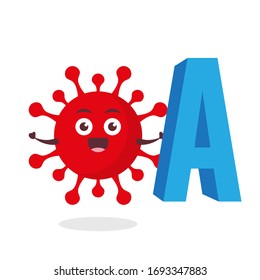 red virus corona kawaii vector character illustration icon mascot cartoon cute holding alphabet letter a in white background modern flat design brand