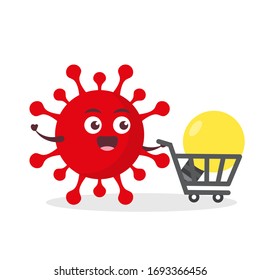 red virus corona kawaii vector character illustration icon mascot cartoon cute holding bulb lamp idea yellow with trolley market shopping cart in white background modern flat design brand