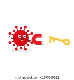 red virus corona kawaii vector character illustration icon mascot cartoon cute holding magnet attracting key success in white background modern flat design brand