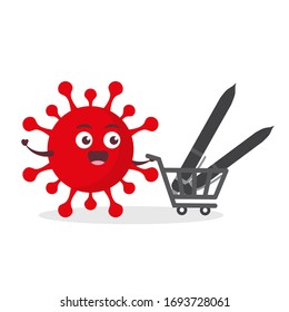 red virus corona kawaii vector character illustration icon mascot cartoon cute holding pen and pencil for write with trolley market shopping cart in white background modern flat design brand