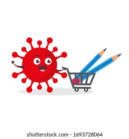 red virus corona kawaii vector character illustration icon mascot cartoon cute holding pen and pencil for write with trolley market shopping cart in white background modern flat design brand