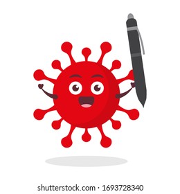 red virus corona kawaii vector character illustration icon mascot cartoon cute holding pen and pencil for write in white background modern flat design brand