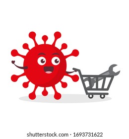red virus corona kawaii vector character illustration icon mascot cartoon cute holding wrench for work with trolley market shopping cart in white background modern flat design brand