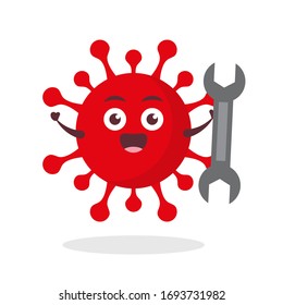 red virus corona kawaii vector character illustration icon mascot cartoon cute holding wrench for work in white background modern flat design brand