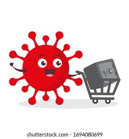rotes Virus corona kawaii Vektorillustration Zeichentabildsymbol Maskottkartoon süß halten Safe Depot Box mit Trolley Market Shopping Carkarton auf weißem Hintergrund moderne flache Marke
