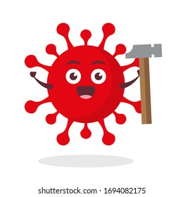virus rojo corona kawaii ilustración de personaje vectorial icono mascota caricatura tierno martillo de retención para trabajar en fondo blanco diseño plano moderno marca