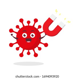 red virus corona kawaii vector character illustration icon mascot cartoon cute holding big magnet attract in white background modern flat design brand