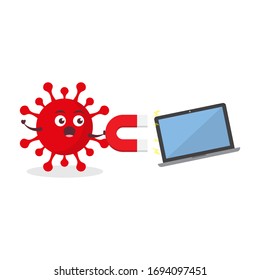 red virus corona kawaii vector character illustration icon mascot cartoon cute holding big magnet attracting laptop screen in white background modern flat design brand