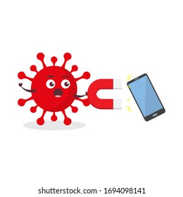 red virus corona kawaii vector character illustration icon mascot cartoon cute holding big magnet attracting smartphone screen in white background modern flat design brand