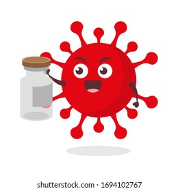 virus rojo corona kawaii ilustración de personaje vectorial icono mascota caricatura linda sostener tubo veneno vacuna contra el veneno medicina de fondo blanco diseño plano moderno marca
