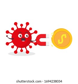 red virus corona kawaii vector character illustration icon mascot cartoon cute holding magnet attracting gold coin dollar in white background modern flat design brand
