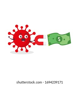 red virus corona kawaii vector character illustration icon mascot cartoon cute holding magnet attracting green dollar money bag in white background modern flat design brand