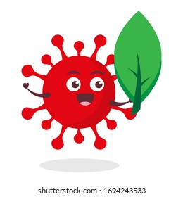 red virus corona kawaii vector character illustration icon mascot cartoon cute holding green leaf tree in white background modern flat design brand