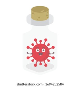 rotes Virus corona kawaii Vektorillustration Zeichenbildsymbol Maskenkartoon süß in der Falle und speichern in der Röhre Glas auf weißem Hintergrund moderne flache Marke