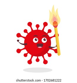red virus corona kawaii vector character illustration icon mascot cartoon cute holding grab gas lighter matches fire torch in white background modern flat design brand