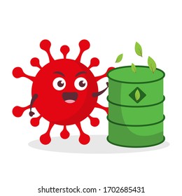 red virus corona kawaii vector character illustration icon mascot cartoon cute holding grab green eco drum in white background modern flat design brand