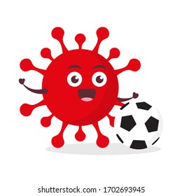 red virus corona kawaii vector character illustration icon mascot cartoon cute holding grab football soccer ball play shot goal in white background modern flat design brand