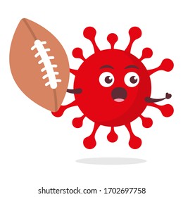 red virus corona kawaii vector character illustration icon mascot cartoon cute holding grab American football ball in white background modern flat design brand