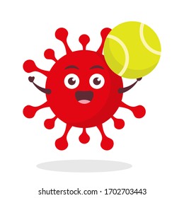 virus rojo corona kawaii ilustración de personaje de vector icono mascota caricatura lindo sostener agarrar pelota de tenis fondo blanco moderno diseño plano marca