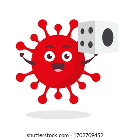 virus rojo corona kawaii ilustración de personaje de vector icono mascota caricatura tierno agarrarse jugar dados fondo blanco diseño plano moderno marca