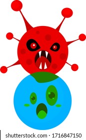 rotes Virusmonster mit scharfen Fangzähnen und bösen Augen erschreckt Planet Erde Konzept von pathogenen Mikroben und Infektionsobjekt auf weißem Hintergrund