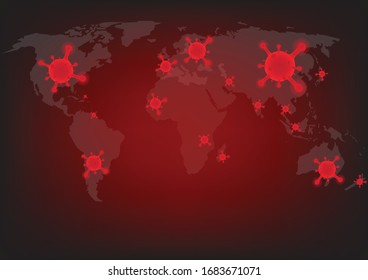 Virus rojo en el vector de mapa mundial en ilustraciones sobre la textura de fondo eps10.